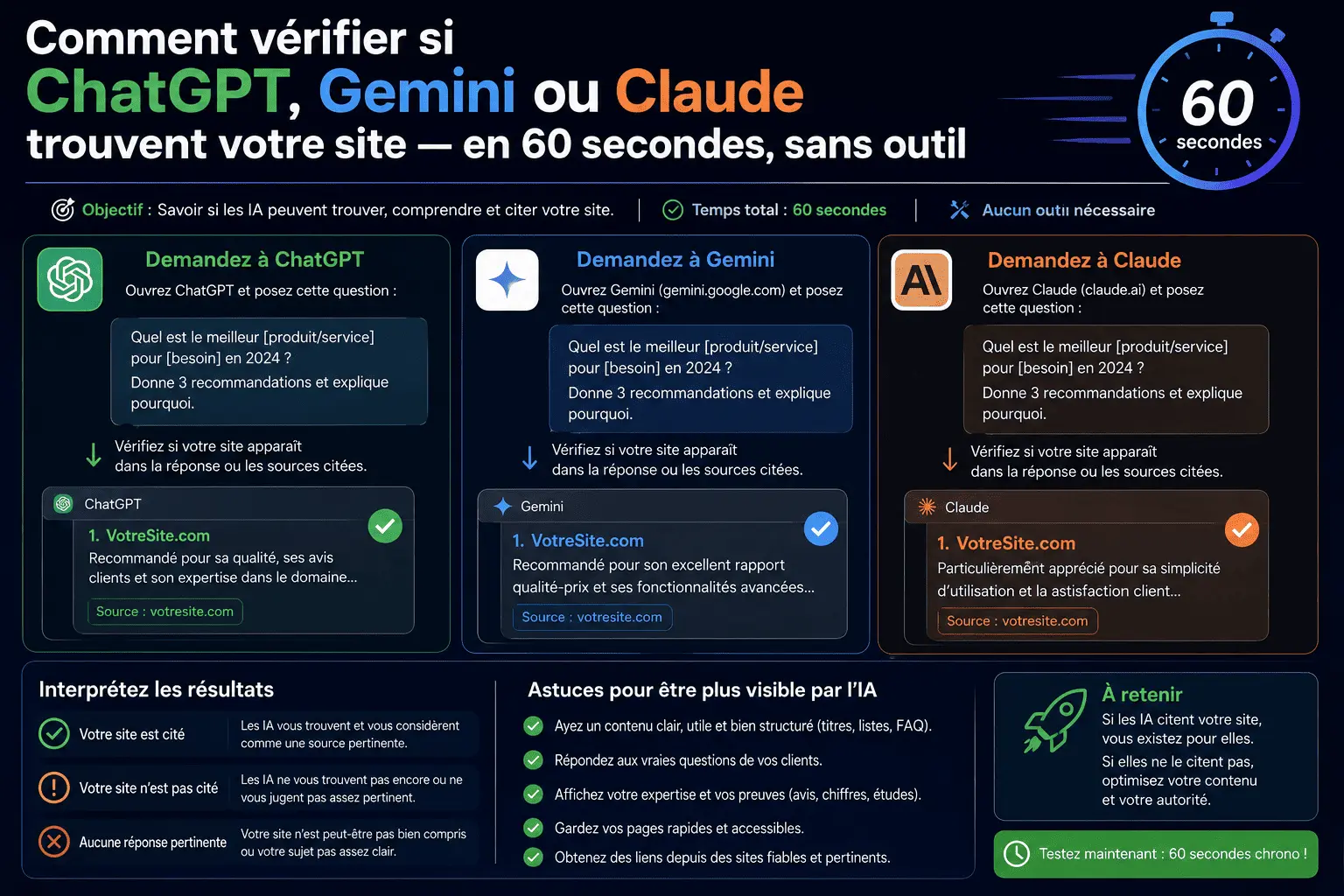 Image de couverture pour “Comment vérifier si ChatGPT, Gemini ou Claude trouvent votre site — en 60 secondes, sans outil”